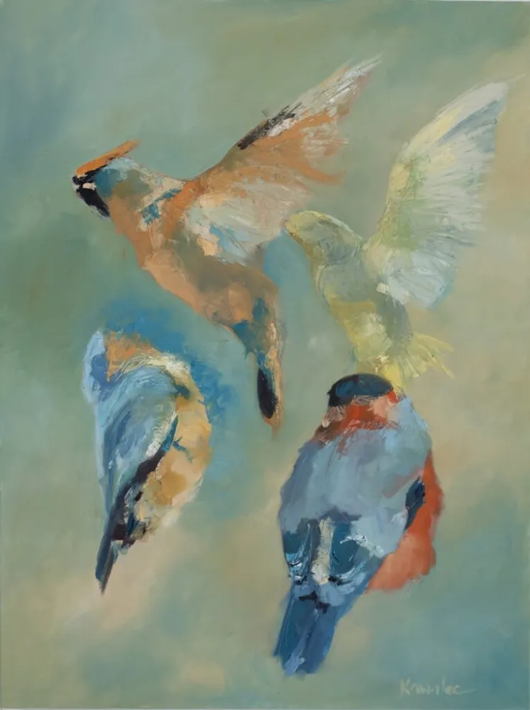 Jemiołuszka, dzwoniec, gil oraz kowalik - olej, oryginał 90×120 cm
