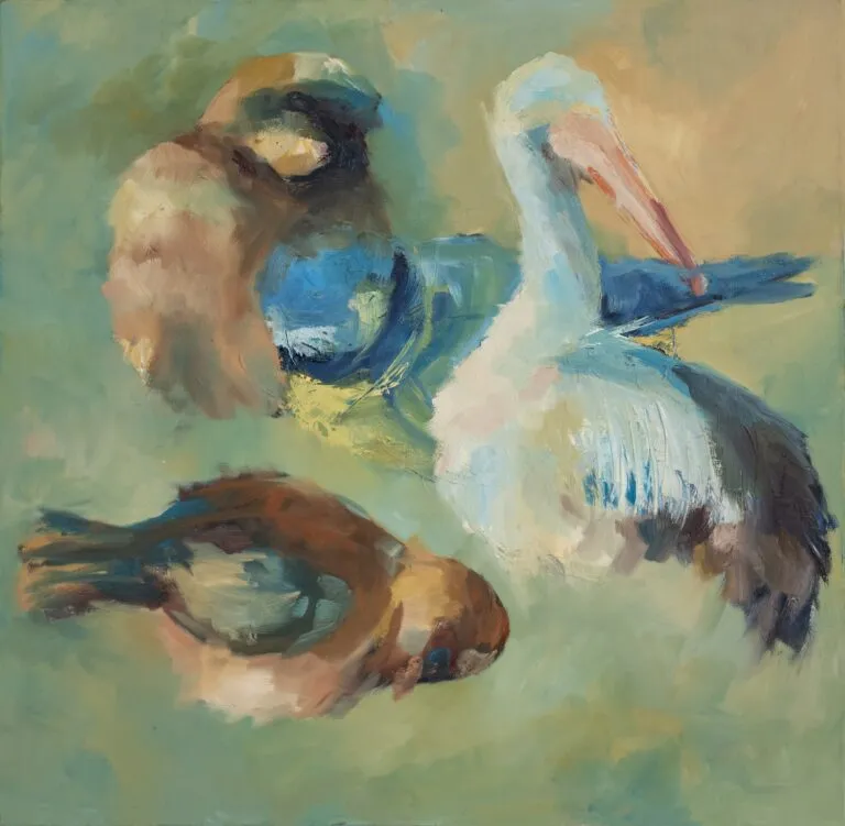 Pelikan, wróbel i potrzeszcz - olej, oryginał 100×100 cm