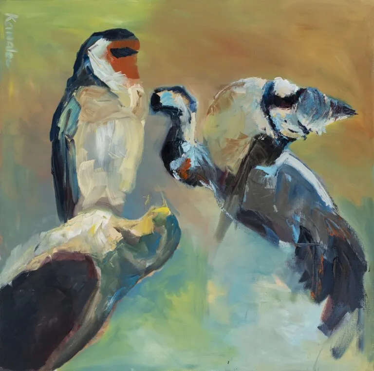 Myszołów, żuraw, czubatka oraz szczygieł - olej, oryginał 100×100 cm