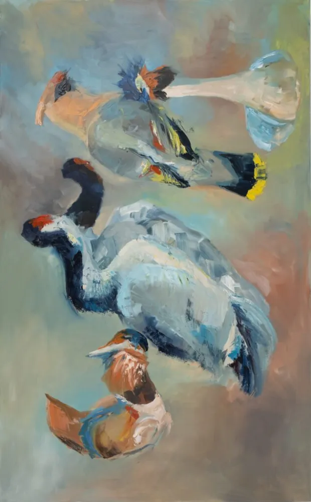 Perkoz dwuczuby, żuraw, zięba oraz mandarynka - olej, oryginał 100×160 cm