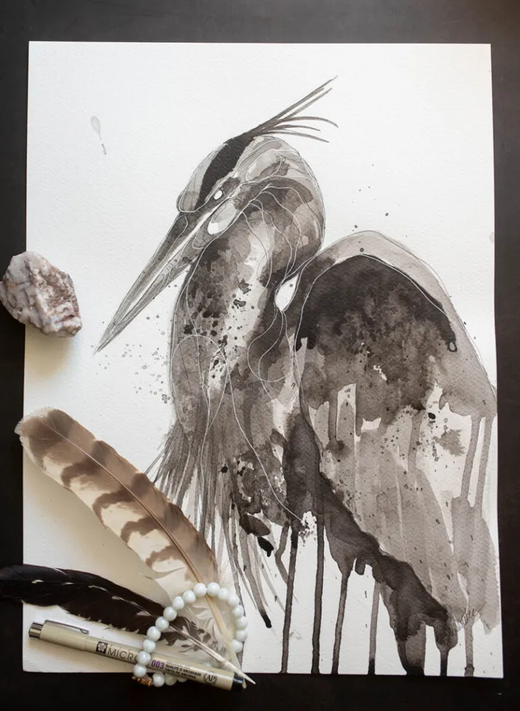 Czapla - tusz, oryginał 30×40 cm
