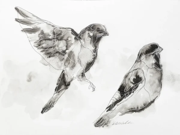 Wróble - tusz, oryginał 24×32 cm