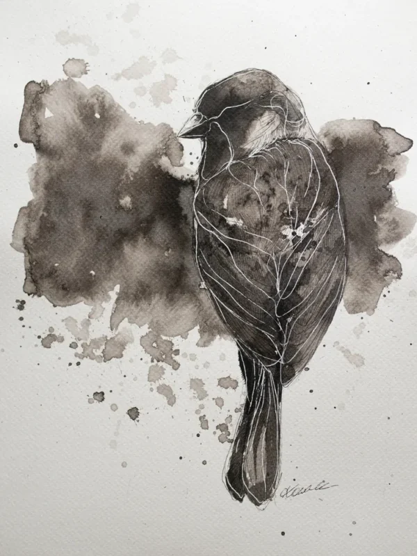 Wróbel II - tusz, oryginał 24×32 cm