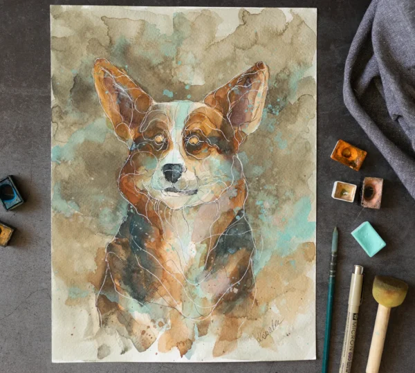 Corgi - akwarela, oryginał 24×32 cm