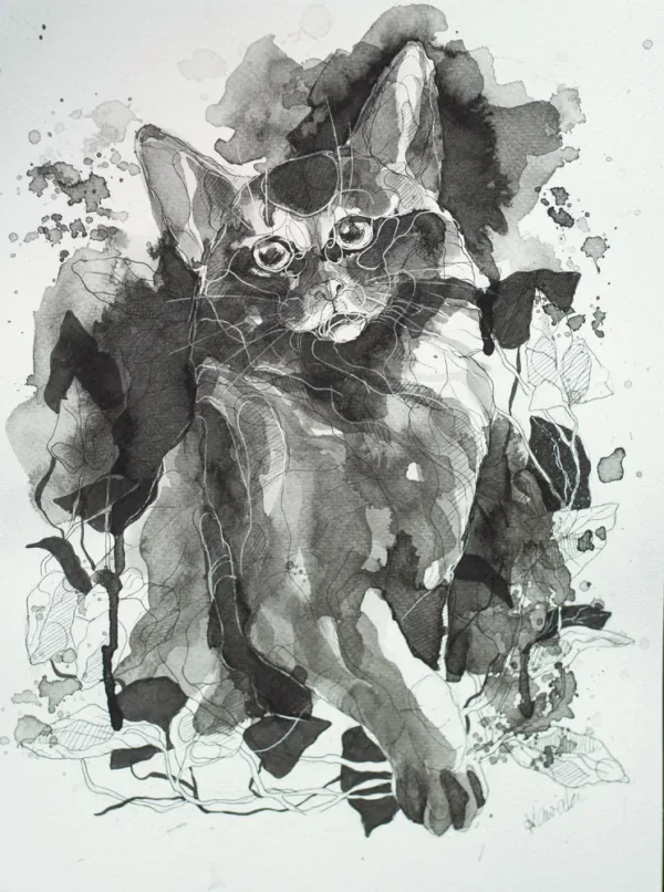 Kot III - tusz, oryginał 24×32 cm