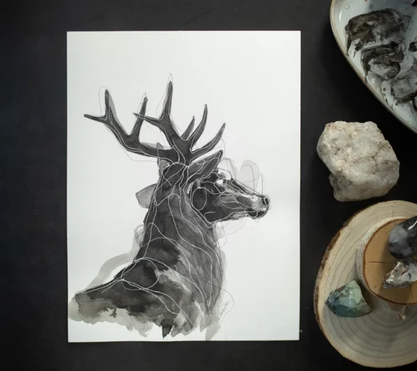 Jeleń I - tusz, oryginał 24×32 cm