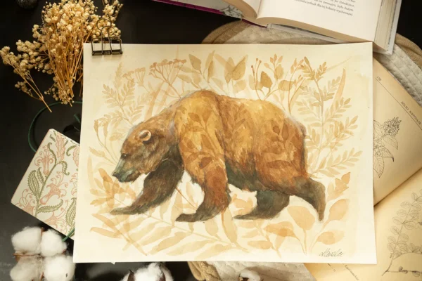 Botaniczny Niedźwiedź - akwarela, oryginał 24×32 cm