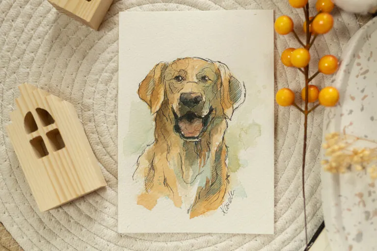 Golden retriever - portret akwarelą