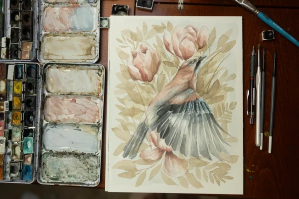 Kwiecista sójka - akwarela, oryginał 24×32 cm