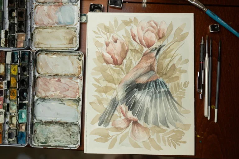 Kwiecista sójka - akwarela, oryginał 24×32 cm