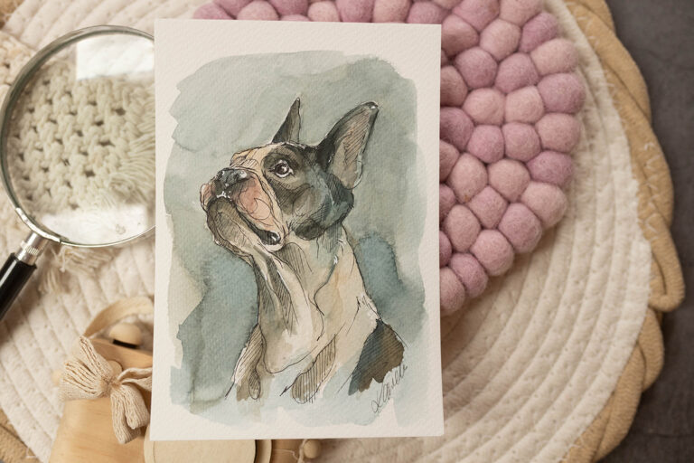 Boston terrier - akwarela, oryginał 12,5×18 cm