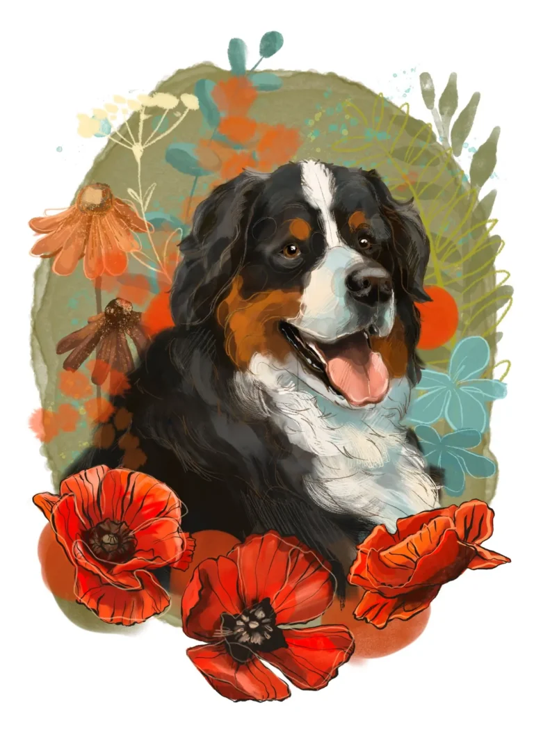 Owczarek berneński z makami - portret w wersji cyfrowej